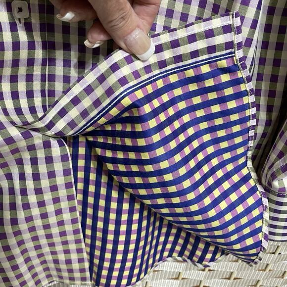 Bugatchi Shaped Fit Button Up Shirt Measures Men’s Medium Purple Multi Check - Picture 6 of 7